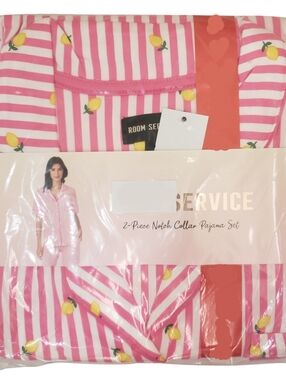 Room Service Pajama Set Women Pink (Lemon Stripe) Notch Collar NWT🍋